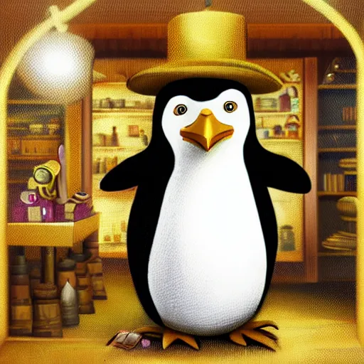 Image similar to Anthropomorphized penguin trader in his shop, selling his wares, portrait, items, gold, magic potions, carpet, window, fancy hat, sly expression , cunning expression, cute expression, long thick shiny gold beak, presenting wares, holding a gold bag, D&D, fantasy, cinematic lighting, highly detailed, digital painting, artstation, concept art, smooth, sharp focus, illustration, warm light, cozy warm tint, magic the gathering artwork, volumetric lighting, 8k, art by Akihiko Yoshida, Greg Rutkowski