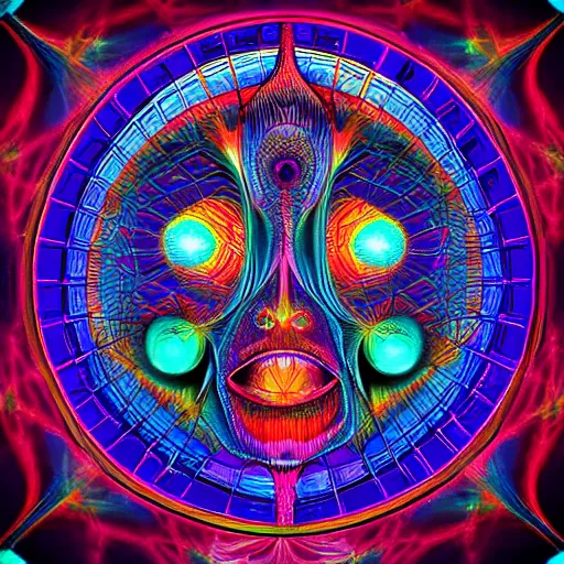 Image similar to face of god, dmt, shrooms, lsd, symmetry, impossible figure, colorful, highly detailed, grid, artstation hq, golden ratio