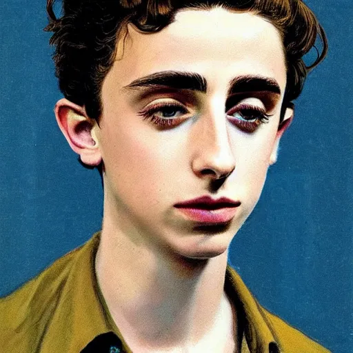 Image similar to “Timothée Chalamet portrait, color vintage magazine illustration 1950”