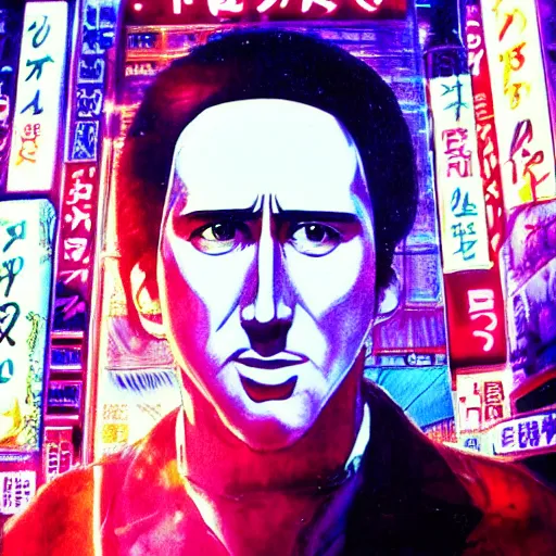 Image similar to beautiful amazing anime portrait painting of nicholas cage in tokyo. neon lights. by hayao miyazaki, katsuhiro otomo, akira toriyama, satoshi kon, eiichiro oda, hideaki anno