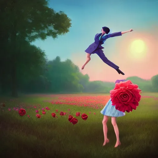 Image similar to portrait, giant rose flower head, girl dancing in a suit, surreal photography, sunrise, blue sky, dramatic light, impressionist painting, digital painting, artstation, simon stalenhag