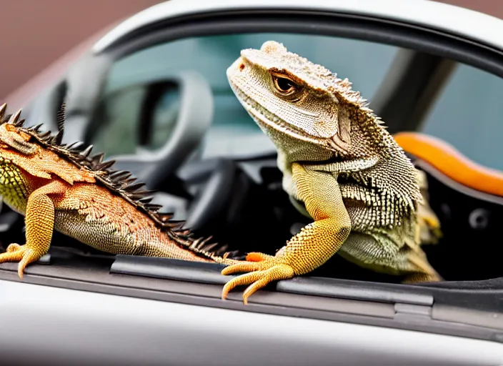 Image similar to dslr portrait still of a bearded dragon driving a little toy car, 8 k 8 5 mm f 1. 4