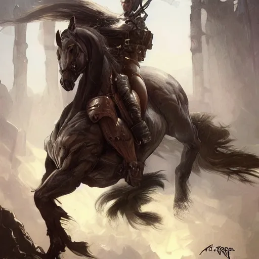 Image similar to splash art of bara horse, wearing tactical kevlar fabric, long white mane, exaggerated muscles, highly detailed, furry, furaffinity, digital painting, artstation, sharp focus, illustration, art by artgerm, greg rutkowski, alphonse mucha