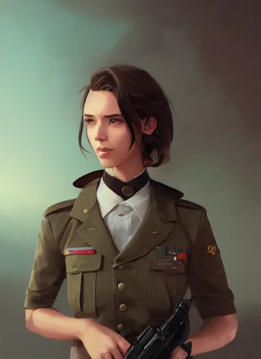 Prompt: portrait of young woman with light brown shoulder length hair and hazel eyes dressed in a sharp dark teal military uniform, smiling, ilya kuvshinov, svetlana tigai, greg rutkowski, loish, artgerm, digital painting, concept art