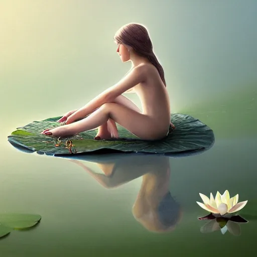 Image similar to a contemplative romanticist painting of a small fairy sitting on the edge of a lotus leaf, her feet in the water, the lotus leaf is floating on water, 8k, photorealistic, award winning, trending on artstation, by WLOP