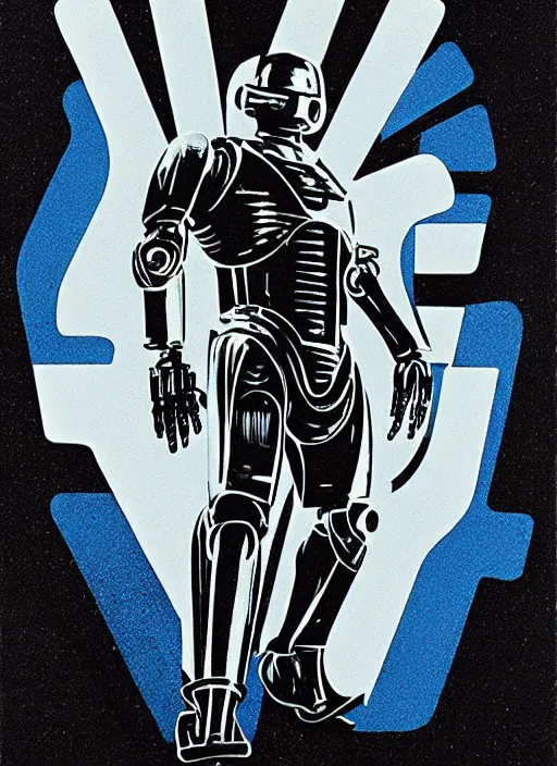 Prompt: A RoboCop movie poster by Saul Bass. Screen printed. Tritone blue, black, and silver. Printed on white paper. Paper texture