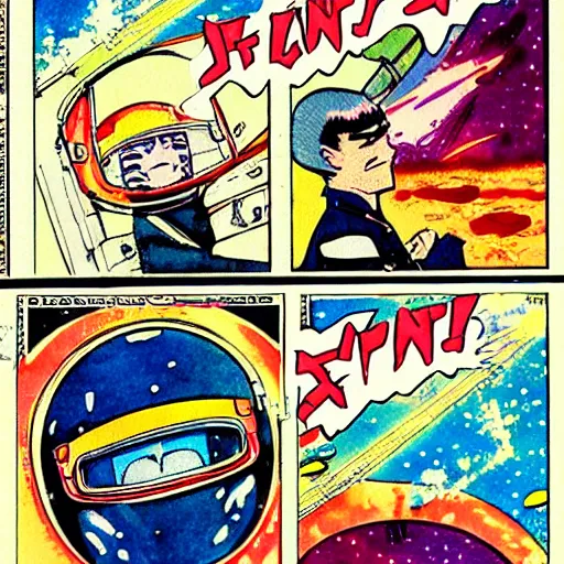 Prompt: a vintage anime 70s comic book watercolor of Alex Jones in space