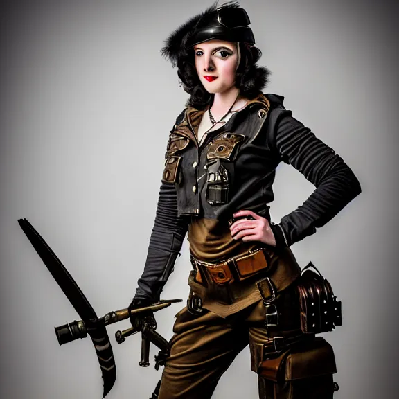 Image similar to full length photo of a very beautiful female dieselpunk warrior, 8 k, hdr, smooth, sharp focus, high resolution, award - winning photo