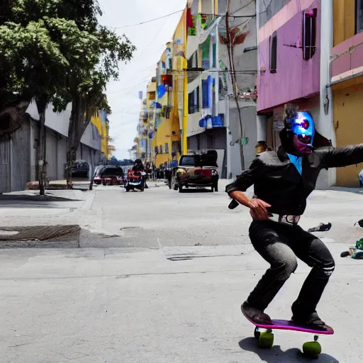 Prompt: A Mexican charro in a cyberpunk city riding a flying skateboard