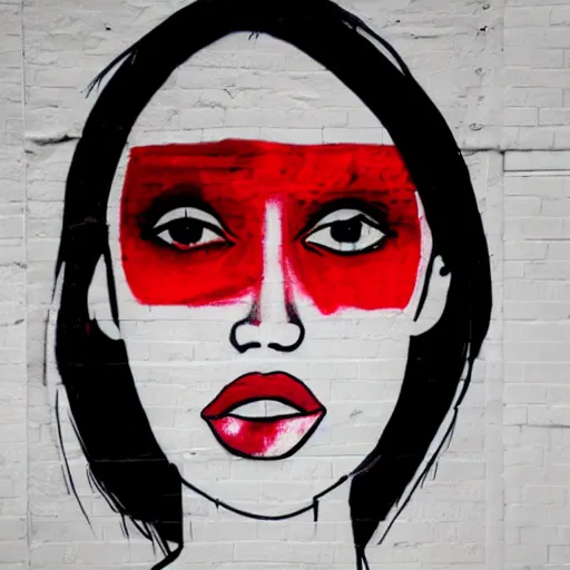Image similar to a woman graffiti drawn on a white wall with a red felt - tip pen. a woman's eyes are made up of compound eyes.