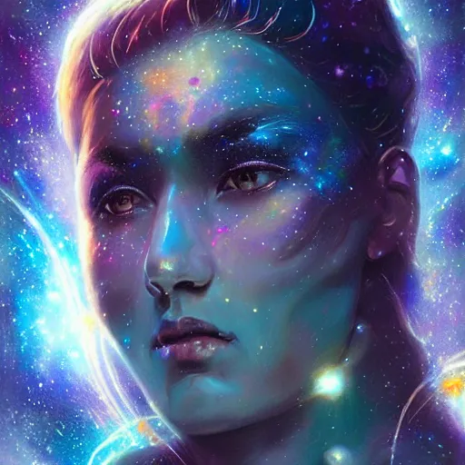 Image similar to Portrait of a cosmic goddess, suit made of stars, galaxy and nebulas, intricate, cinematic lighting, highly detailed, digital painting, artstation, concept art, smooth, sharp focus, illustration, art by Artgerm and Greg Rutkowski