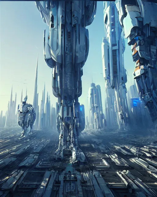 Image similar to Mecha construction robot, bulky armor, utopian city, white buildings, by Leon Tukker, synthetic light, blue trees, people on the streets, utopia, perfect, scifi, 8k high detail, masterpiece, trending on ArtStation