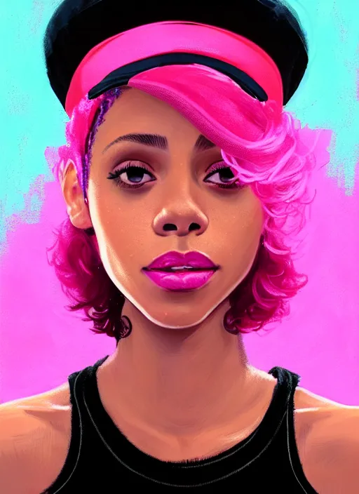 Image similar to portrait of teenage vanessa morgan with bright pink hair, black girl, vanessa morgan, curly pixie cut hair, wearing newsboy cap, pink pixie haircut, newsboy cap, hoop earrings, intricate, elegant, glowing lights, highly detailed, digital painting, artstation, concept art, smooth, sharp focus, illustration, art by wlop, mars ravelo and greg rutkowski