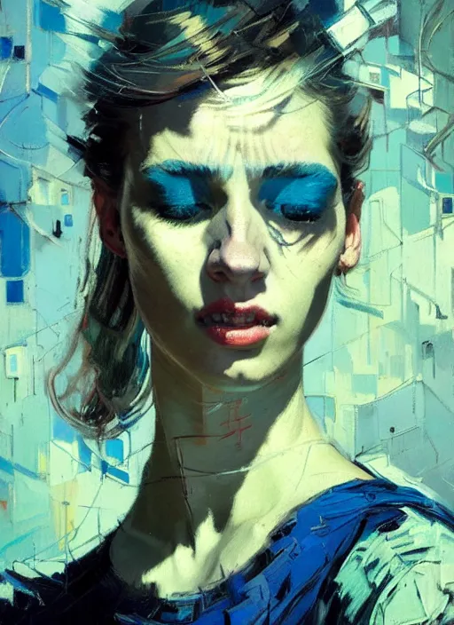 Image similar to portrait of beautiful girl, ecstatic, dancing, eyes closed, shades of blue and grey, beautiful face, rule of thirds, intricate outfit, spotlight, by greg rutkowski, by jeremy mann, by francoise nielly, by van gogh, digital painting