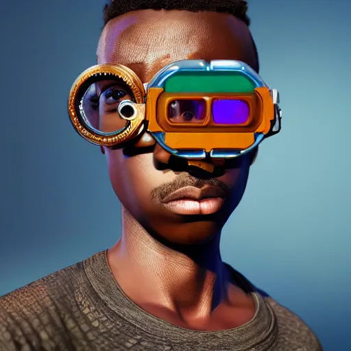 Image similar to colourful vfx portrait - art of a nigerian boy wearing steam punk goggles, art by utagawa kunisada & james jean, digital illustration, digital render, volumetric light, ray tracing, symmetrical, unreal engine, octane 3 d render, sharp, detailed, highly detailed, intricate detail, pinterest, behance, art station,