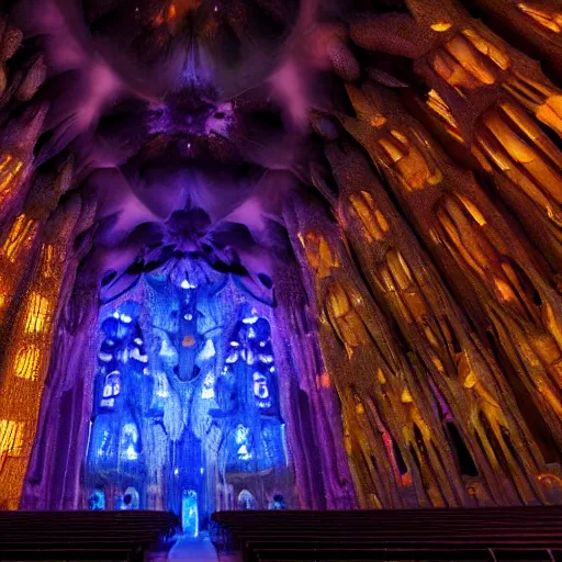 Prompt: glowing translucent theater stage in la sagrada familia, cyberpunk, dark room, science fiction magazine, cut up collage, 4 k close up, wide angle