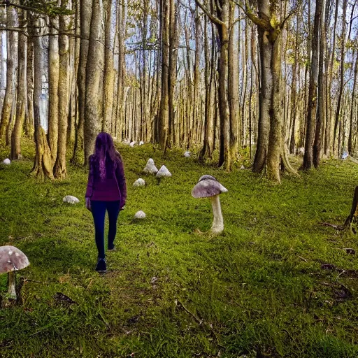 Prompt: a photo of beautiful girl walking through the astral plane mushroom forest using the gem of souls and life 4 k