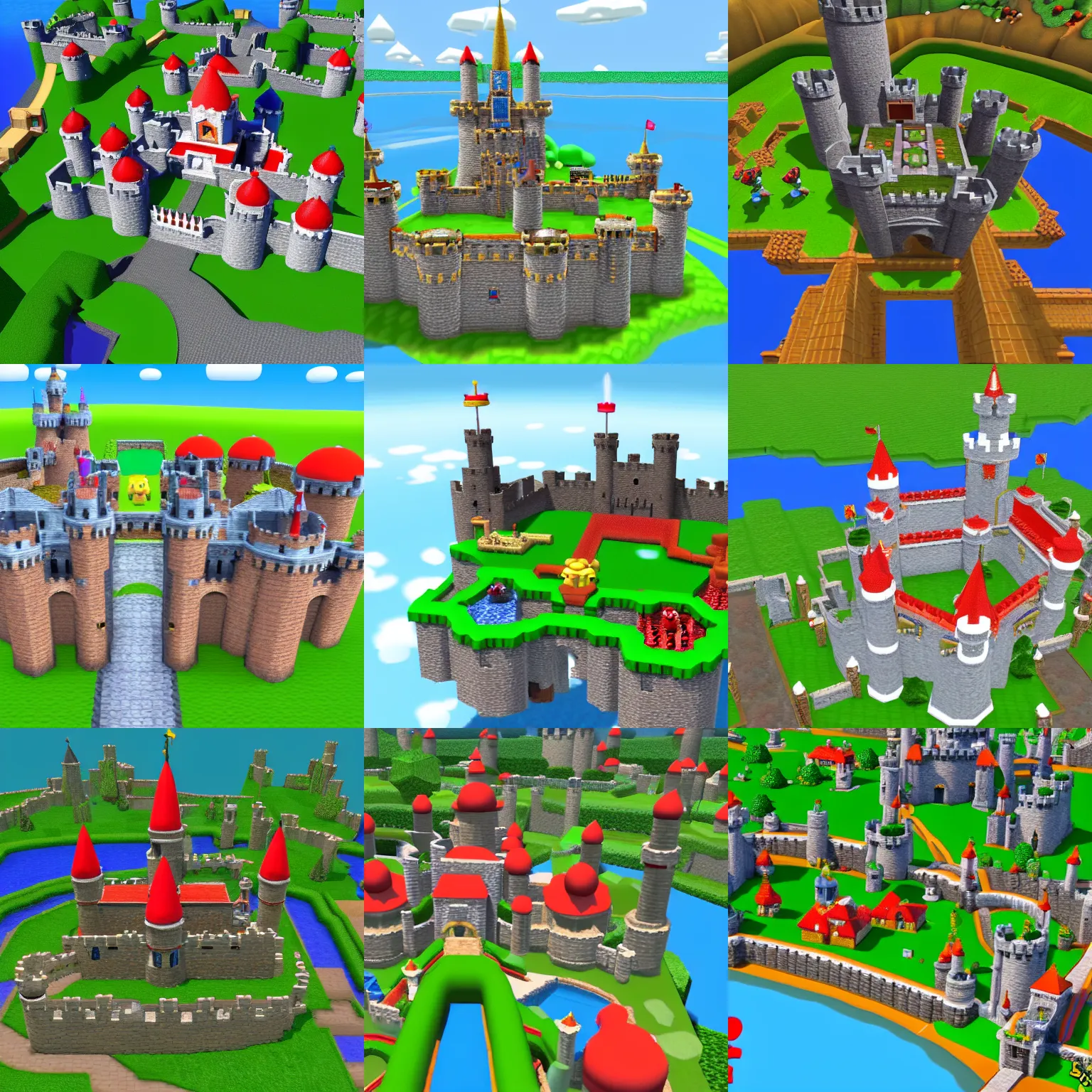 Prompt: 3D Mario 64 castle aerial view in the summer, 4k