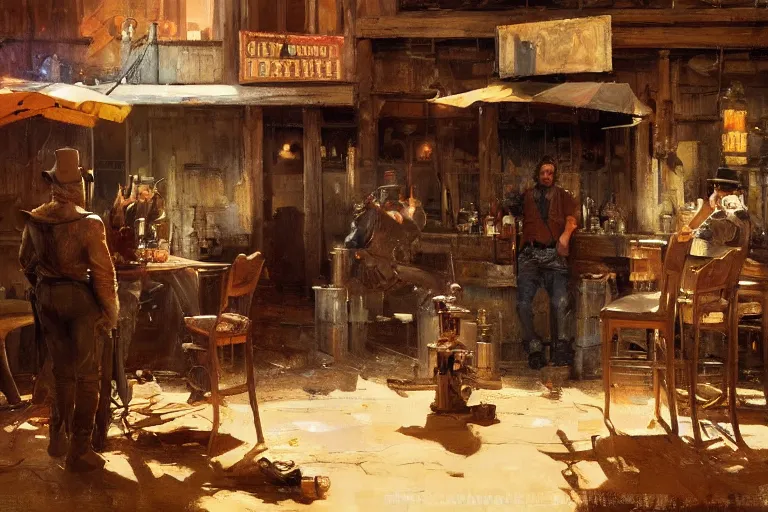 Image similar to oil painting of old rugged robot bounty hunter in a bar fight in dusty wild west town, art by anders zorn, wonderful masterpiece by greg rutkowski, beautiful cinematic light, american romanticism by greg manchess, jessica rossier and norman rockwell