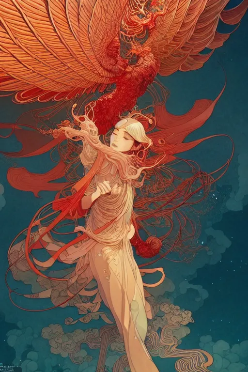 Prompt: a beautiful hyperdetailed character design 4 k wallpaper illustration of a huge reddish phoenix by victo ngai and mucha, denoise, deblurring, artgerm, xision, james jean, ross tran, chinese style