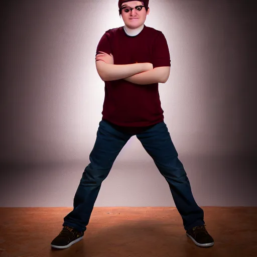 Prompt: dipper from gravity falls as a real person, confideny pose, articulated, detailed, high definition, studio photograph, studio lighting