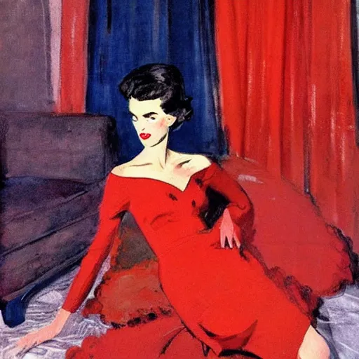 Image similar to a saturday evening post illustration of a french fashion model posing in a red dress by coby whitmore