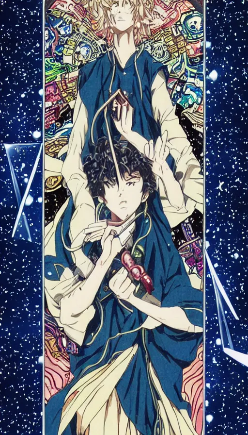 Image similar to anime tarot card based on the card Judgement, drawn by hideaki anno, beautiful lines, cosmic, psychedelic, detailed