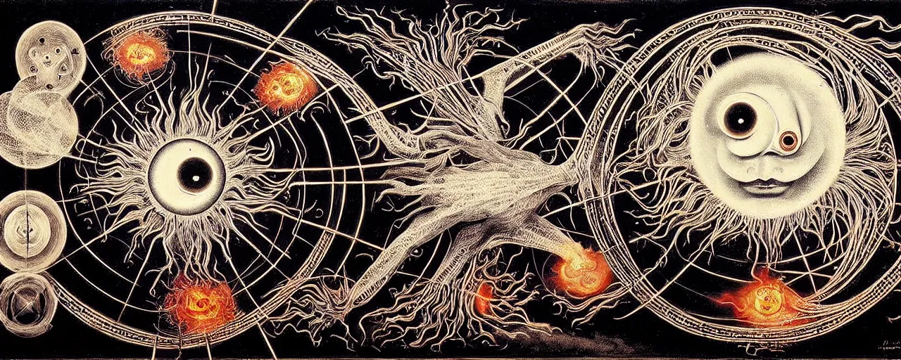 Image similar to a strange fire creature with endearing eyes radiates a unique canto'as above so below'while being ignited by the spirit of haeckel and robert fludd, breakthrough is iminent, glory be to the magic within, in honor of saturn, painted by ronny khalil