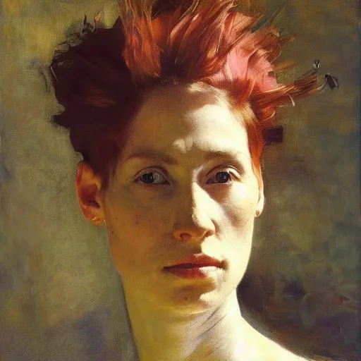 Image similar to A stunning masterful portrait of a striking cryptopunk woman with short pink hair and high cheek bones by Andrew Wyeth, John Singer Sargent, and Norman Rockwell, natural light, oil painting, ethereal, earth tones, strong brushwork