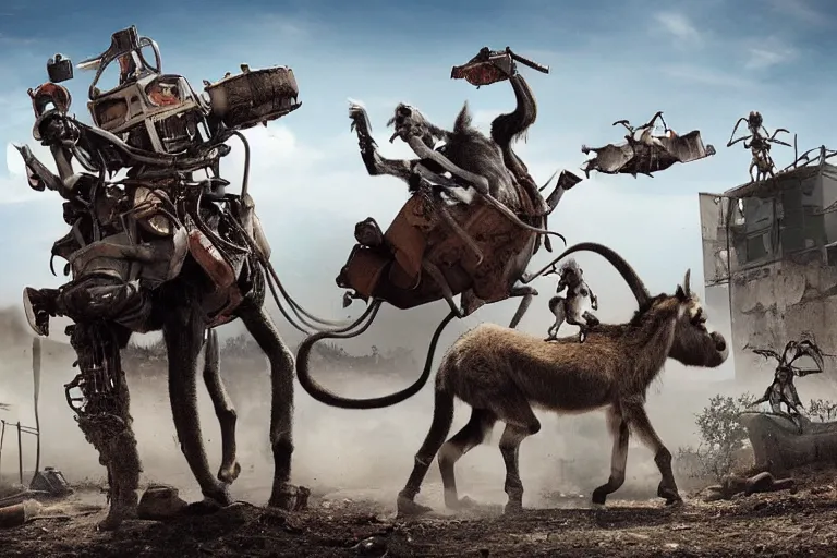 Prompt: a robot monkey riding a donkey in a post apocalyptic world being chased by giant ants