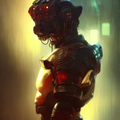 Image similar to hyperrealistic portrait of an athropomorphic tiger wearing heavy combat red - blue armor, bladerunner street, art of elysium by jeremy mann and alphonse mucha, fantasy art, photo realistic, dynamic lighting, artstation, poster, volumetric lighting, very detailed face, 4 k, award winning, cinematic lighting, deviantart, artstation, cg society