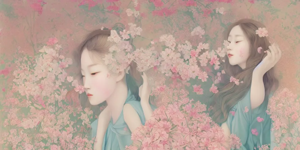 Prompt: delicate detailed concept art painting pattern blend of flowers and girls, by hsiao - ron cheng, bizarre compositions, exquisite detail, pastel colors, 8 k