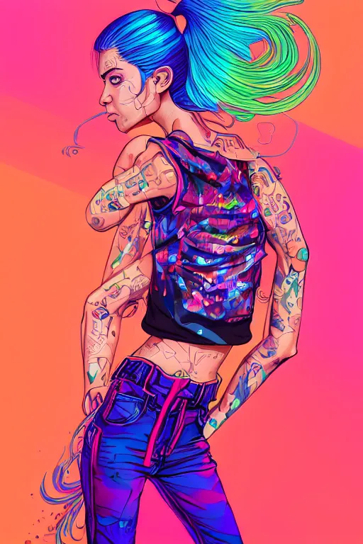 Image similar to a award winning half body portrait of a beautiful woman with stunning eyes in a printed croptop and cargo pants with rainbow colored ombre hairstyle head in motion and hair flying by josan gonzales, outrun, vaporware, shaded flat illustration, digital art, trending on artstation, highly detailed, fine detail, intricate