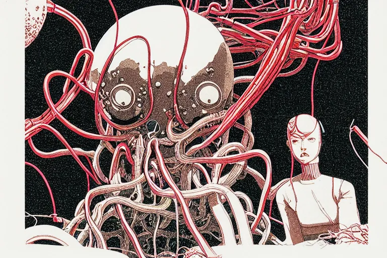 Image similar to risograph grainy drawing vintage sci - fi, satoshi kon color palette, gigantic gundam full - body covered with human bodies and wires, with lot tentacles, vermilion and black hues, codex seraphinianus painting by moebius and satoshi kon and dirk dzimirsky close - up portrait