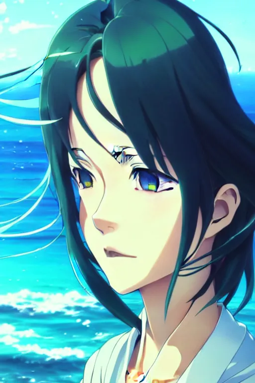 Image similar to makoto shinkai, artgerm, ilya kuvshinov, beautiful anime women with green dress, long blue hair, water powers water swirling, symmetrical face, symmetrical eyes, detailed, beach setting, cinematic lighting