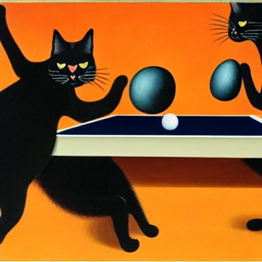Prompt: a detailed picture of two cats playing ping - pong, orange background, oil painting, velazquez and magritte