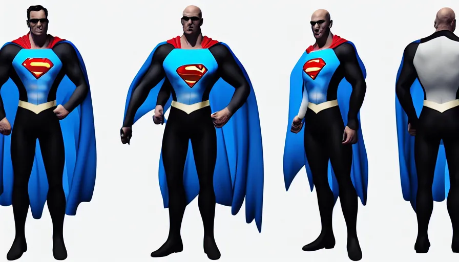 Prompt: Bald Superman in black and white suit with blue cape, hyperdetailed, artstation, cgsociety, 8k