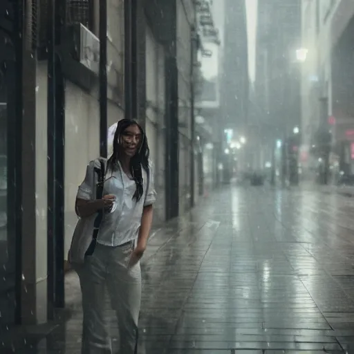 Image similar to a beautiful photo of a young woman in a white shirt in the rain outside in the street in a cyberpunk city