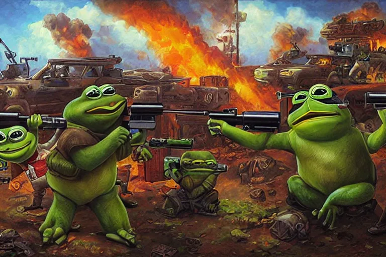 Prompt: portrait of pepe the frog and josef stalin with guns fighting a drug cartel, an oil painting by ross tran and thomas kincade