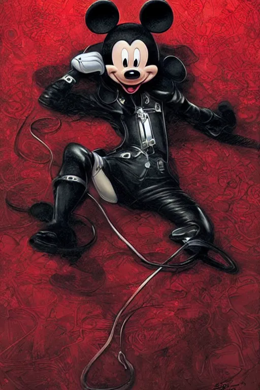 Prompt: Mickey Mouse as a heroine in black&red leather, intricate, elegant, highly detailed, centered, digital painting, artstation, concept art, smooth, sharp focus, illustration, art by artgerm and donato giancola and Joseph Christian Leyendecker, Ross Tran, WLOP, crack pipe