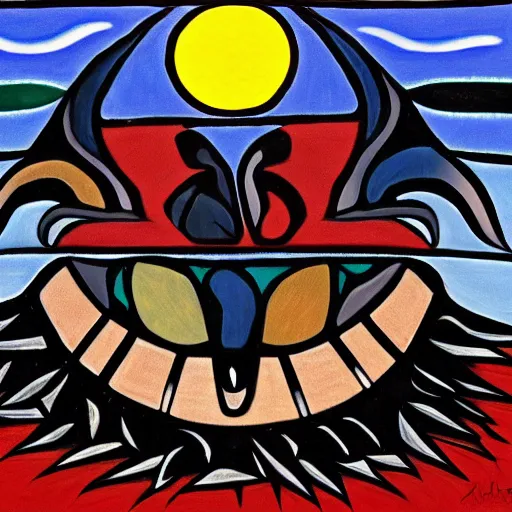 Prompt: raven eats the sun in haida tlingit art style