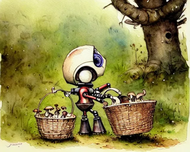 Prompt: a cute little robot walking in the forest picking mushrooms, holding a basket full of mushrooms, watercolor painting by jean - baptiste monge