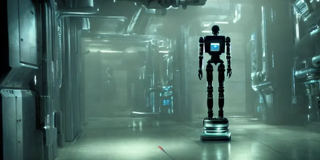 Image similar to human - like robot android in big datacenter shot from ridley scott blade runner movie