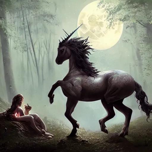 Prompt: beautiful tattooed woman with short curly brown hair riding unicorn through the woods full moon, landscape, scenery, oil painting, Tooth Wu, Greg Rutkowski, RPG, dynamic lighting, fantasy art, High contrast, depth of field