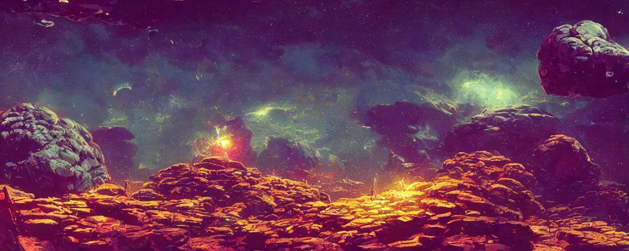 Image similar to ” rocky asteroid floating in space, [ cinematic, detailed, epic, widescreen, opening, establishing, mattepainting, photorealistic, realistic textures, octane render, art by paul lehr ] ”