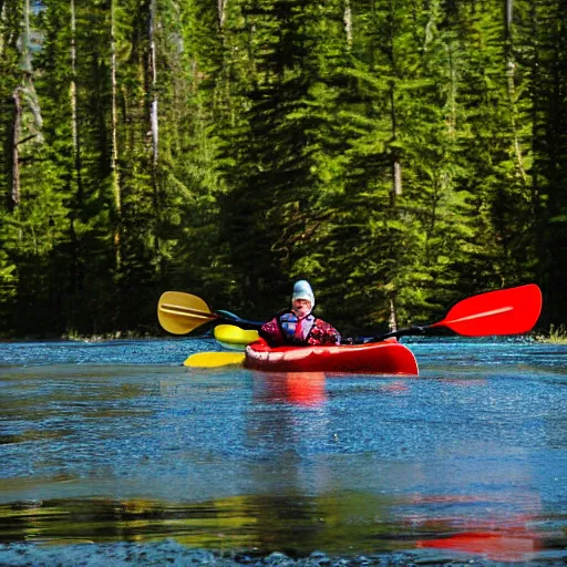 Image similar to baby kayaking on a canadian river through boreal forest past a moose, in the style of action sports photography, high definition,