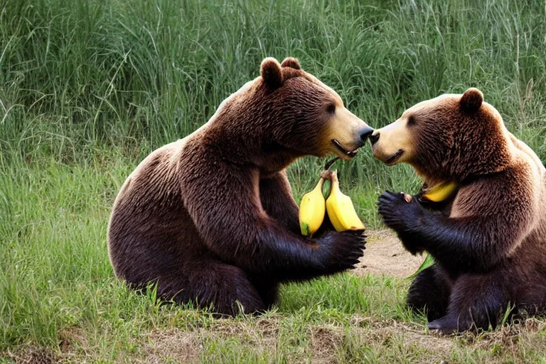 Prompt: two bears eating bananas, a photo