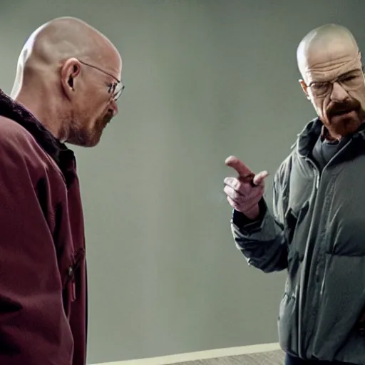 Image similar to A Still from Breaking Bad of Walter White slapping Walter White. Award winning still, shot on a studio grade camera, 4K.