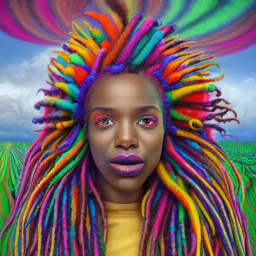 Image similar to a wide angle shot of a black girl with colorful dreadlocks in a field of candy, by Adi granov and afarin sajedi and amanda sage and evgeni gordiets and Agostino Arrivabene and adonna khare in a psychedelic portrait style, ultrarealistic matte painting, volumetric lighting, fractal, extremely symmetrical, highly detailed face, orisha, 8k, hd