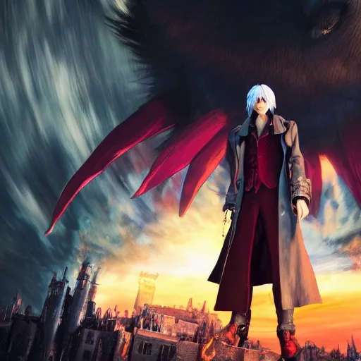 Prompt: a shot of dante from devil may cry in howl's moving castle movie, movie shot, anime, hightly detailed, rescalated 4 k, detailed